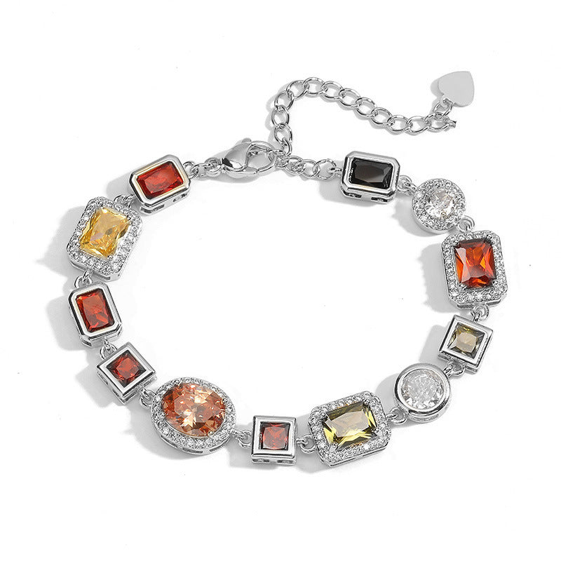 White-Gold Elegant Light Luxury Geometric Colorful Gemstone Bracelet (L: 16-21CM) - Copper Cuban Chain Cuff V888-ELOSUNG39691