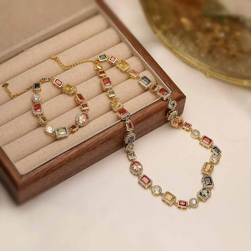 White-Gold Elegant Light Luxury Geometric Colorful Gemstone Bracelet (L: 16-21CM) - Copper Cuban Chain Cuff V888-ELOSUNG39691