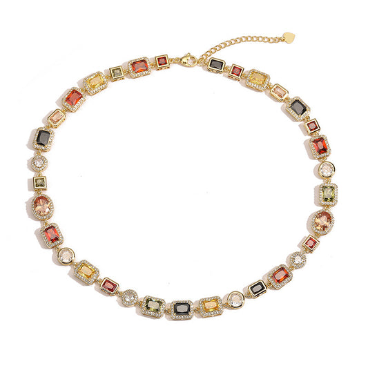 Gold Vintage Light Luxury Geometric Colorful Gemstone Choker Necklace (L: 45-50CM) - High-End Palace Style V888-ELOSUNG39692