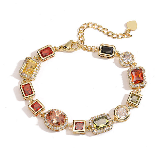 Gold Elegant Light Luxury Geometric Colorful Gemstone Bracelet (L: 16-21CM) - Copper Cuban Chain Cuff V888-ELOSUNG39693