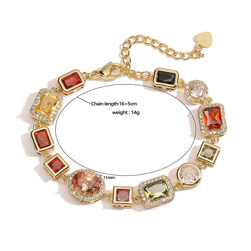 Gold Elegant Light Luxury Geometric Colorful Gemstone Bracelet (L: 16-21CM) - Copper Cuban Chain Cuff V888-ELOSUNG39693