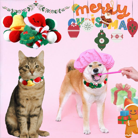 Christmas Pet Pom-Pom Adjustable Cotton Collar Set(2-Pack Size M) - Cat and Dog Holiday Costume, Cute Bell V888-ELOSUNG39716