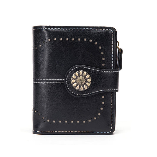 Black Korean Style Cutout Compact PU Leather Wallet - Women's Mini Bifold Purses with 8 Card Slots, 2 ID V888-ELOSUNG39868