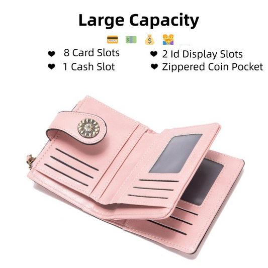 Black Korean Style Cutout Compact PU Leather Wallet - Women's Mini Bifold Purses with 8 Card Slots, 2 ID V888-ELOSUNG39868