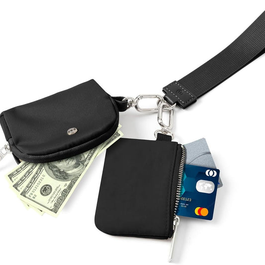 Black Women's Ultralight Fashion Nylon Wristlet Pouch Set - Portable Mini Coin Purse & Key Holder Wallet V888-ELOSUNG39870