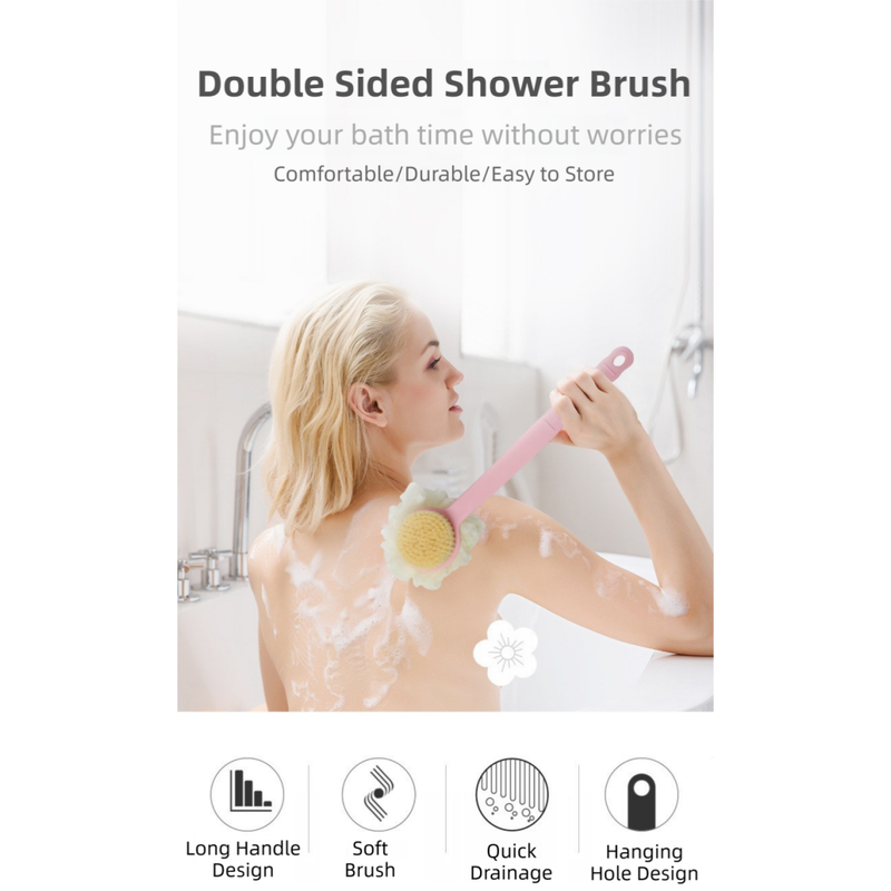 2-Pack Green 2-in-1 Soft Bristle Long Handle Bath Brush & Shower Pouf Combo - Double-Sided Back Scrubber for V888-ELOSUNG39875