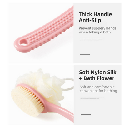 2-Pack Green 2-in-1 Soft Bristle Long Handle Bath Brush & Shower Pouf Combo - Double-Sided Back Scrubber for V888-ELOSUNG39875
