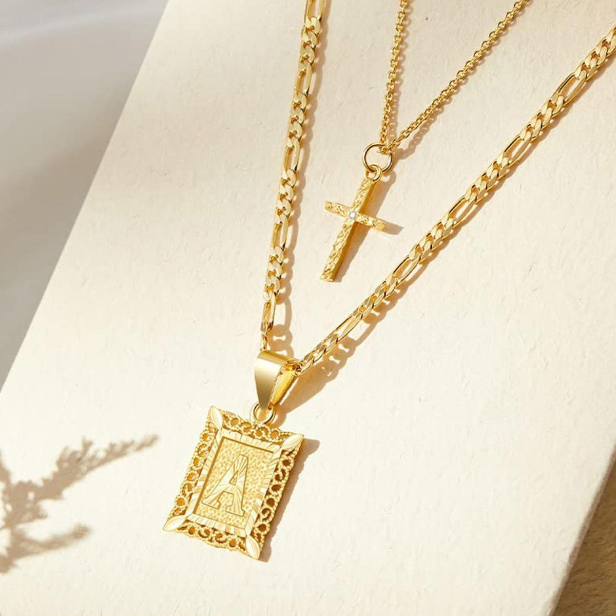 Personalised Copper Adjustable Layered Necklace Set(4PCS) - Custom A-Z Initial Letter Square + Cross Pendant V888-ELOSUNG39876