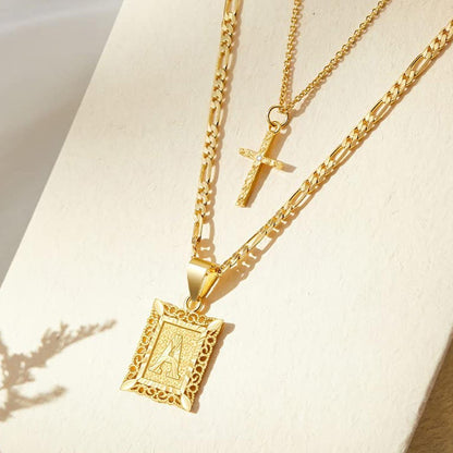Personalised Copper Adjustable Layered Necklace Set(4PCS) - Custom A-Z Initial Letter Square + Cross Pendant V888-ELOSUNG39876