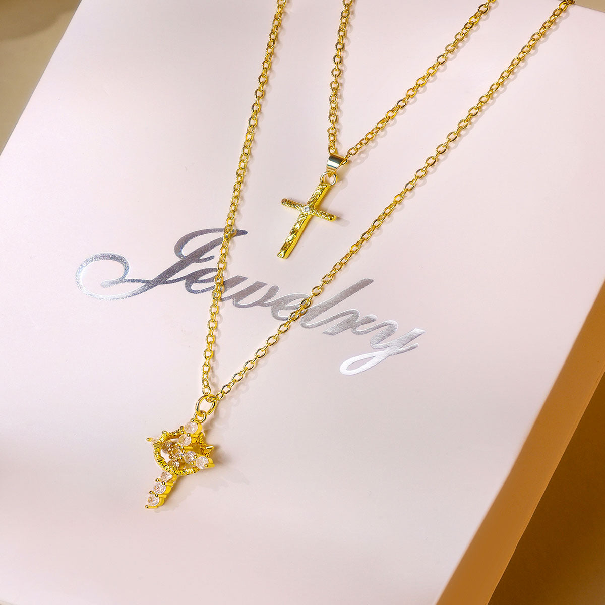 Personalised Copper Adjustable Layered Necklace Set(4PCS) - Custom A-Z Initial Letter Square + Cross Pendant V888-ELOSUNG39876
