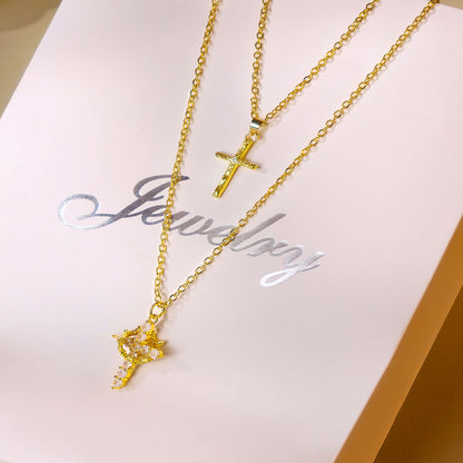 Personalised Copper Adjustable Layered Necklace Set(4PCS) - Custom A-Z Initial Letter Square + Cross Pendant V888-ELOSUNG39876