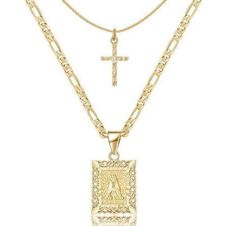 Personalised Copper Adjustable Layered Necklace Set(4PCS) - Custom A-Z Initial Letter Square + Cross Pendant V888-ELOSUNG39876