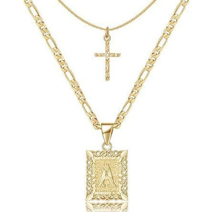 Personalised Copper Adjustable Layered Necklace Set(4PCS) - Custom A-Z Initial Letter Square + Cross Pendant V888-ELOSUNG39876