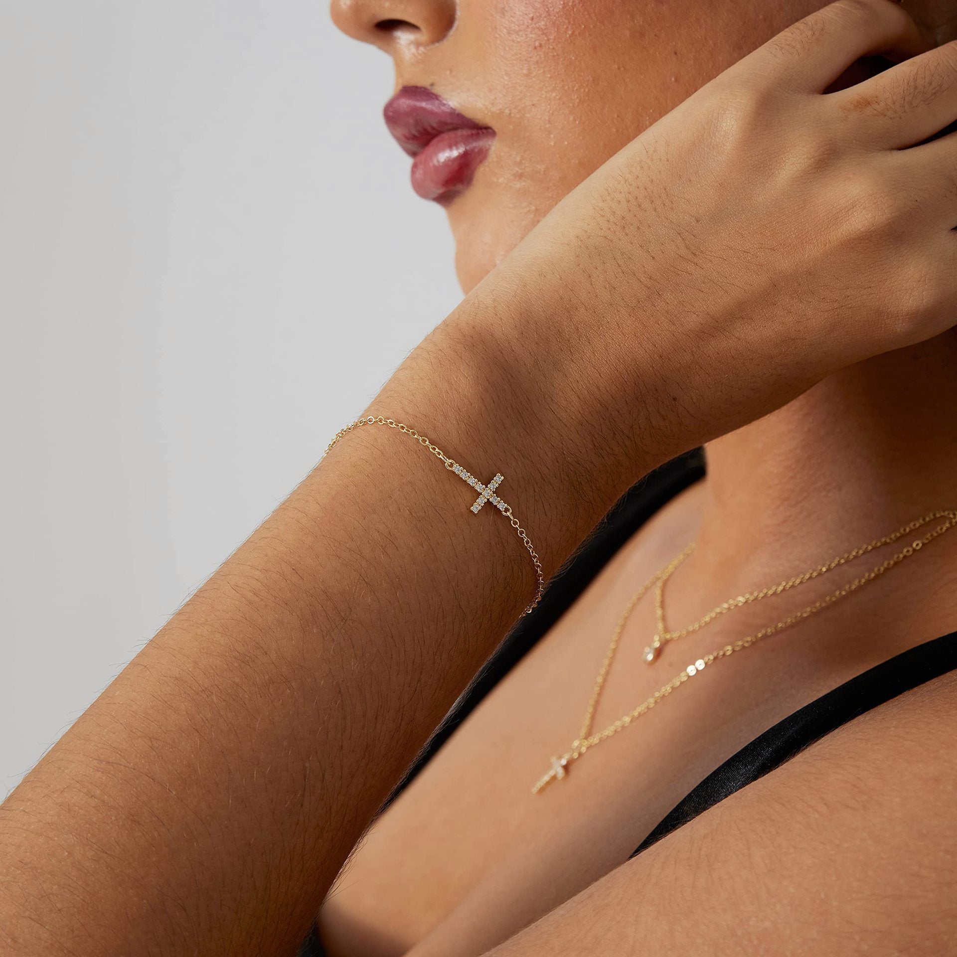 2-Pack Gold Plated Micro-Paved CZ Mini Cross Bracelet - Dainty Adjustable O-Chain Wrist Jewelry(16-21CM) V888-ELOSUNG39899