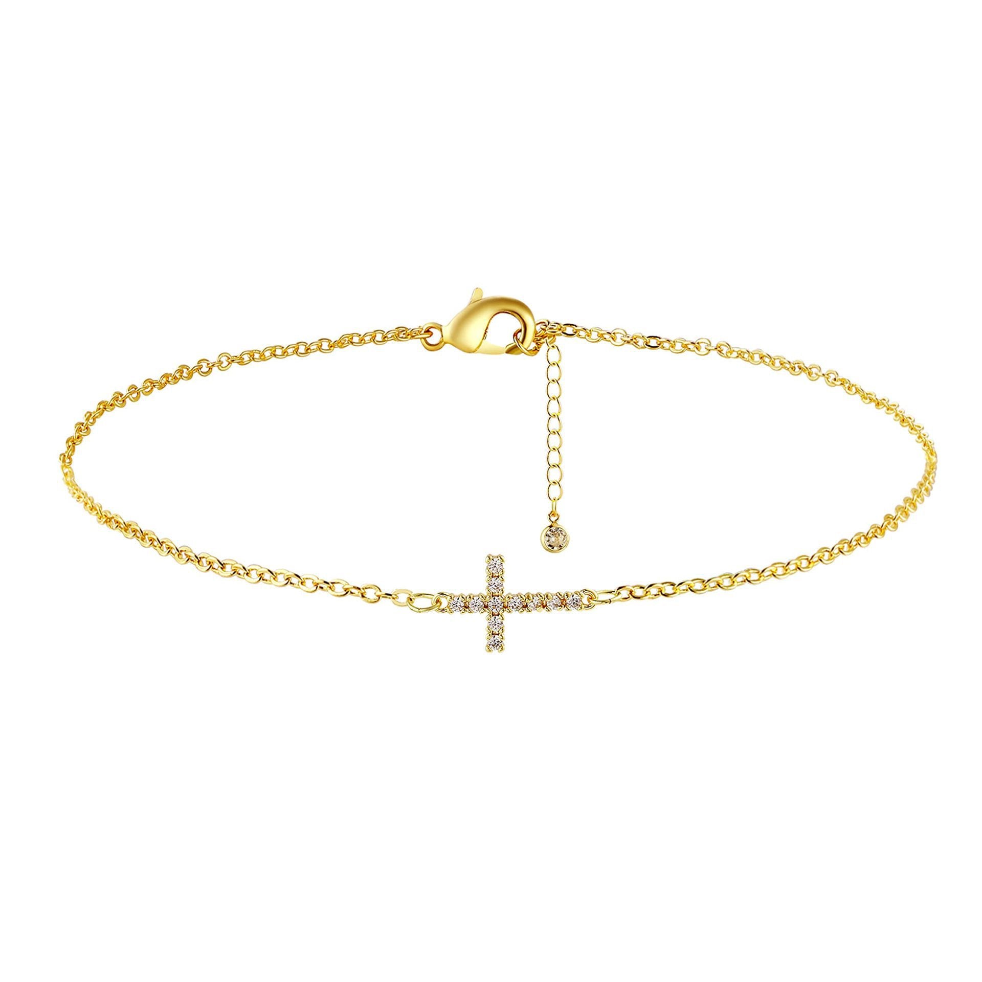 2-Pack Gold Plated Micro-Paved CZ Mini Cross Bracelet - Dainty Adjustable O-Chain Wrist Jewelry(16-21CM) V888-ELOSUNG39899