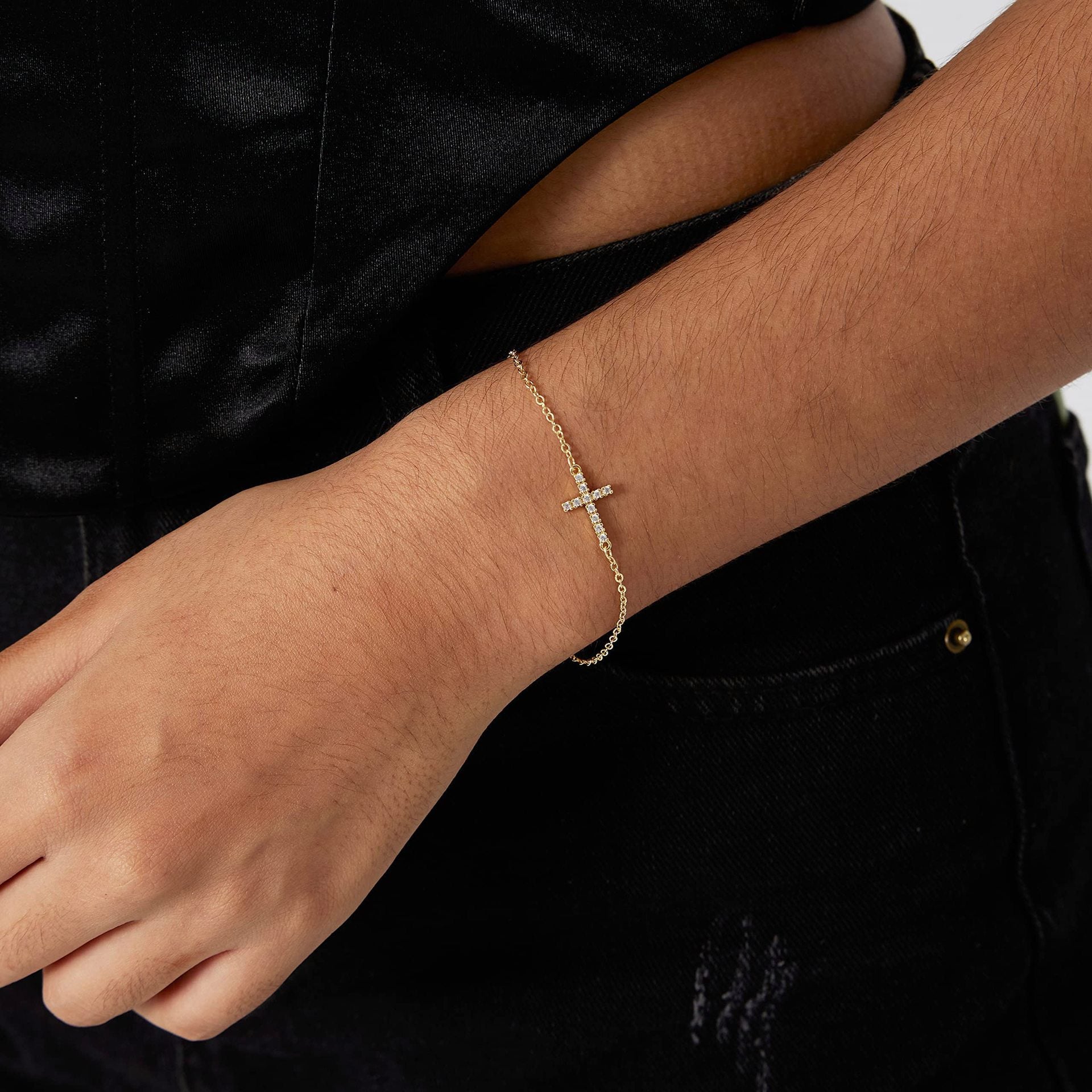 2-Pack Gold & Sliver Plated Micro-Paved CZ Mini Cross Bracelet - Dainty Adjustable O-Chain Wrist V888-ELOSUNG39901