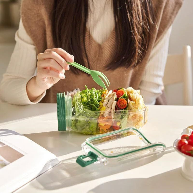 Orange Portable All-in-One Side-Opening Salad Container Jar with Fork(10.5x19CM) - Plastic Layered Meal V888-ELOSUNG39906