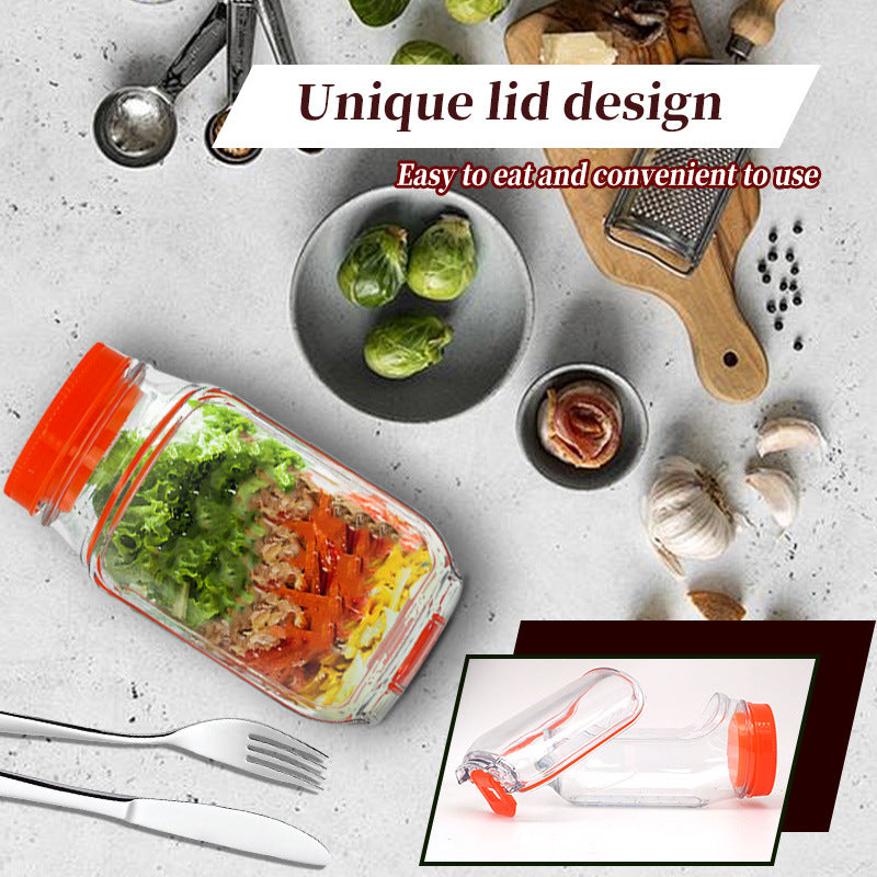 2-Pack(Green&Orange) Portable All-in-One Side-Opening Salad Container Jar with Fork(10.5x19CM) - Plastic V888-ELOSUNG39907
