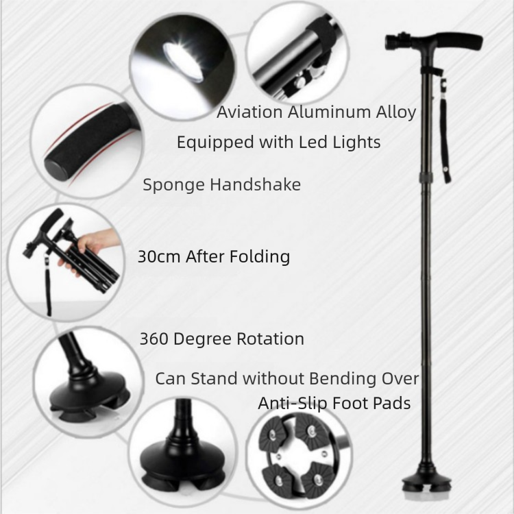 Folding LED Walking Cane with Dual Handle - Adjustable(88-98CM), Anti-Slip 4-Prong Base, and Stand-Up V888-ELOSUNG39908