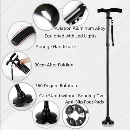 Folding LED Walking Cane with Dual Handle - Adjustable(88-98CM), Anti-Slip 4-Prong Base, and Stand-Up V888-ELOSUNG39908