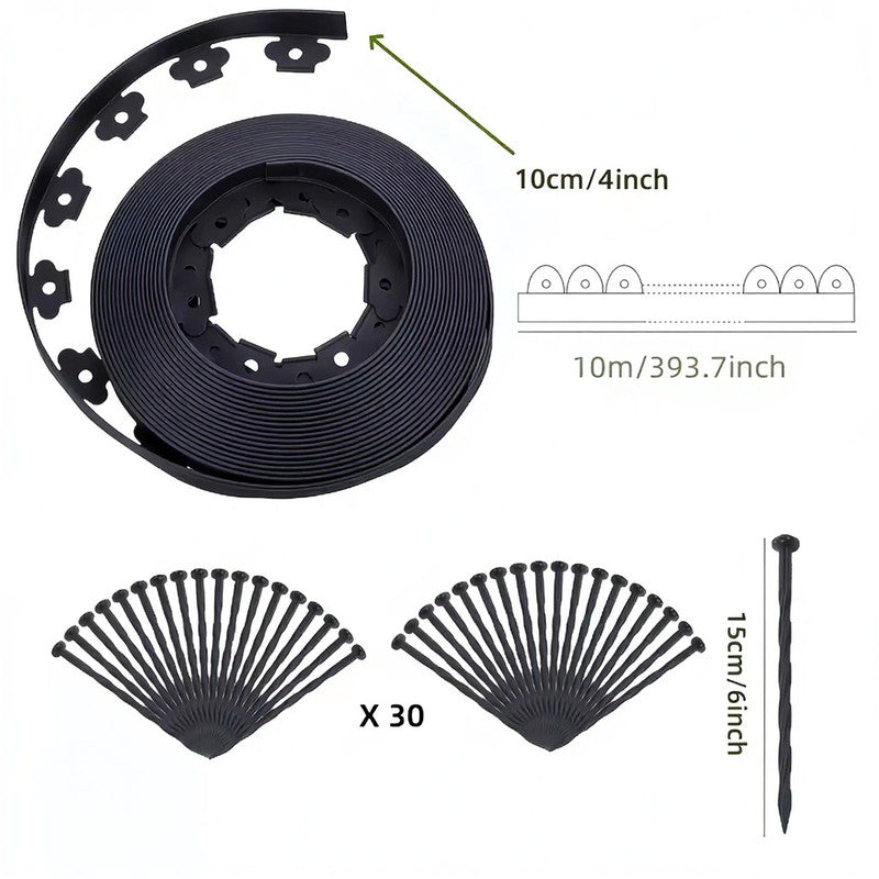 Black L-Shape PE Landscape Edging Roll Kit (10CM Height x 10M Long) - Anti-Root Lawn & Garden Divider with 30 V888-ELOSUNG39912