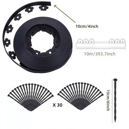 Black L-Shape PE Landscape Edging Roll Kit (10CM Height x 10M Long) - Anti-Root Lawn & Garden Divider with 30 V888-ELOSUNG39912