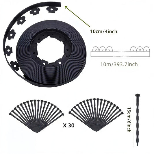 Black L-Shape PE Landscape Edging Roll Kit (10CM Height x 10M Long) - Anti-Root Lawn & Garden Divider with 30 V888-ELOSUNG39912