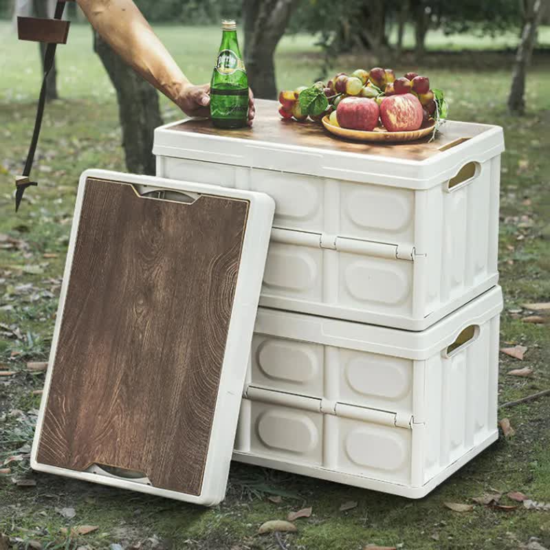 White Collapsible Medium Standard Storage Box with Wooden Table Top(42x28x23CM) - Car Trunk Organiser for V888-ELOSUNG39948