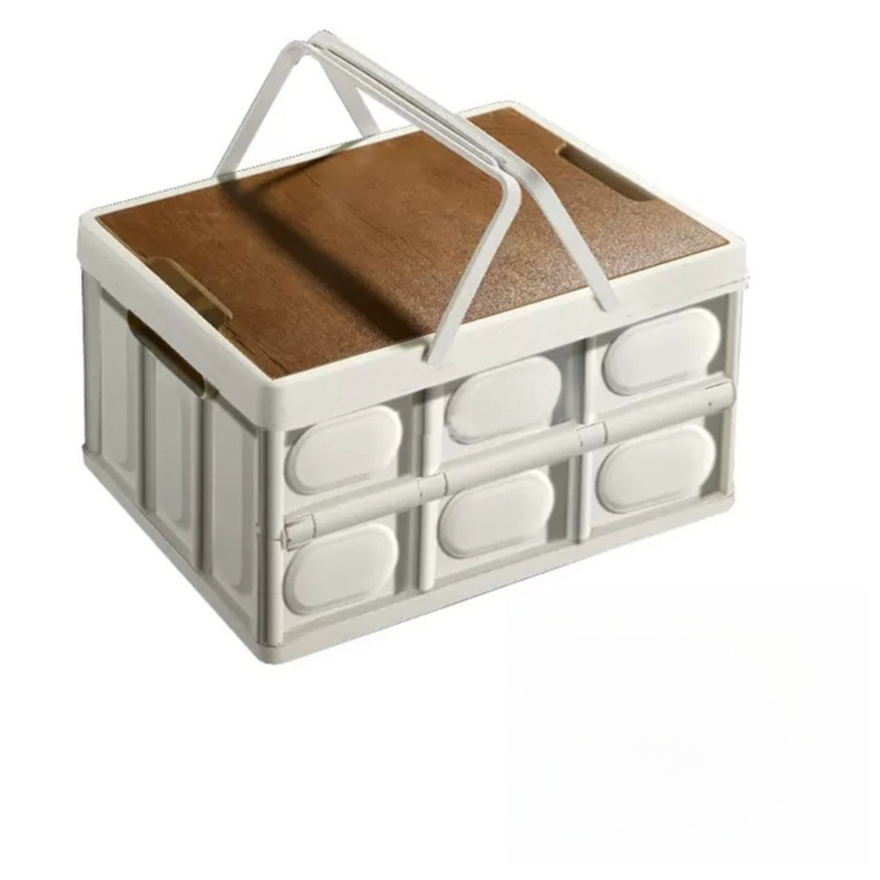 White Collapsible Medium Handle Storage Box with Wooden Table Top(42x28x23CM) - Car Trunk Organiser for V888-ELOSUNG39951
