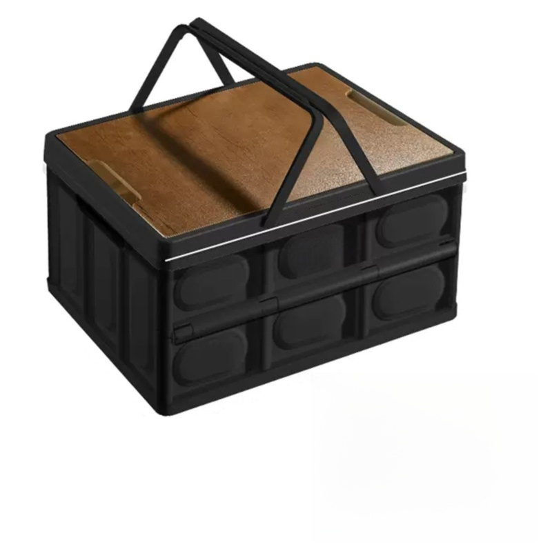Black Collapsible Medium Handle Storage Box with Wooden Table Top(42x28x23CM) - Car Trunk Organiser for V888-ELOSUNG39952