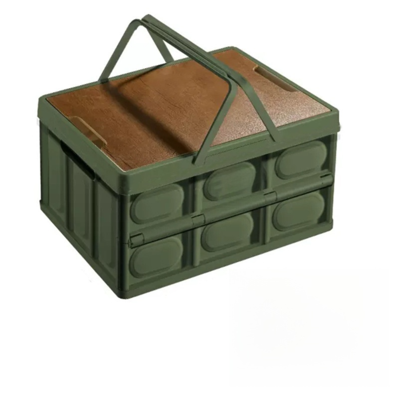 Green Collapsible Medium Handle Storage Box with Wooden Table Top(42x28x23CM) - Car Trunk Organiser for V888-ELOSUNG39953