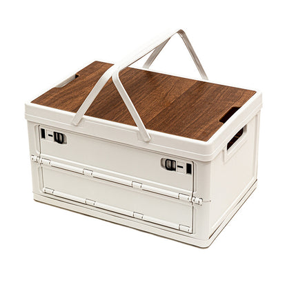White Collapsible Medium Side-Open Handle Storage Box with Wooden Table Top(42x28x23CM) - Car Trunk Organiser V888-ELOSUNG39957