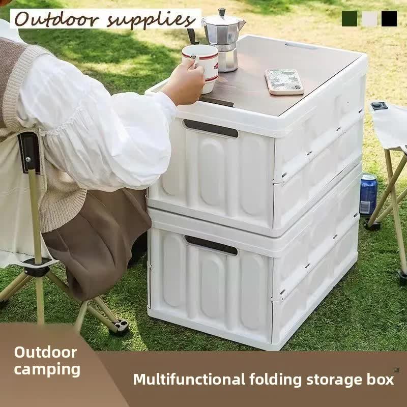 White Collapsible Medium Side-Open Handle Storage Box with Wooden Table Top(42x28x23CM) - Car Trunk Organiser V888-ELOSUNG39957