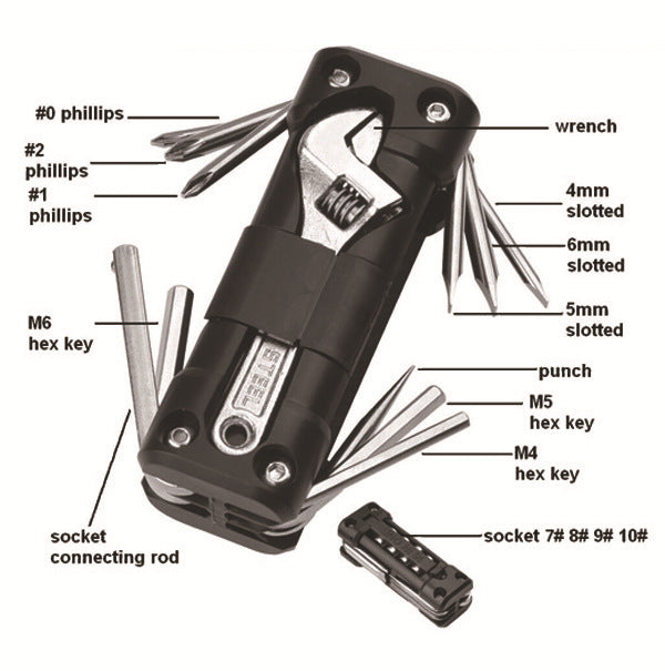 Black Compact 16-in-1 Bicycle & Motorcycle Repair Multi-Tool with Adjustable Wrench & Socket Set V888-ELOSUNG40017