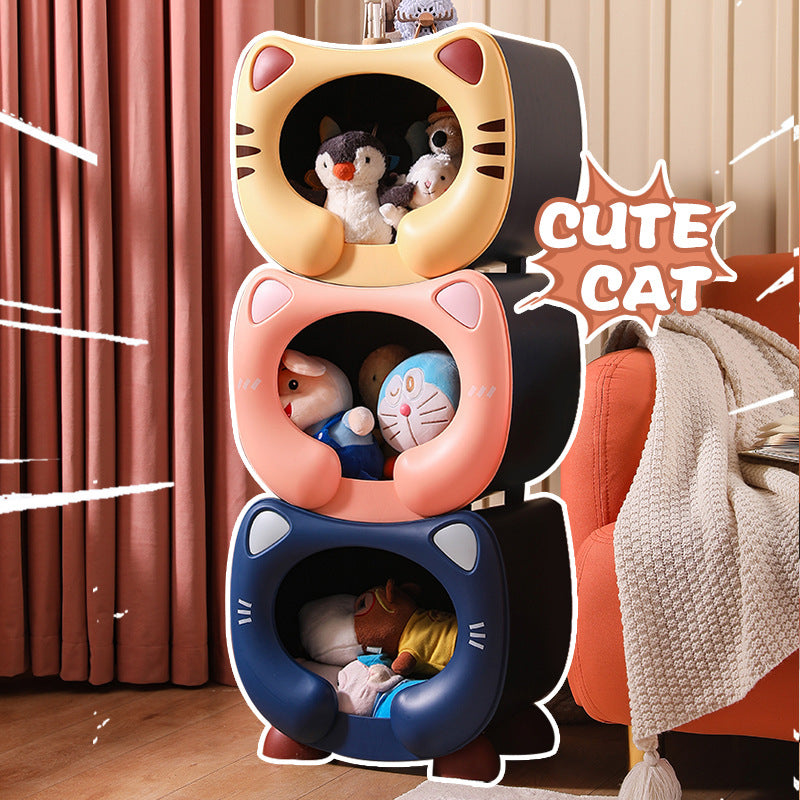Pink Cute Cat-Themed Stackable Storage Bin - Multi-purpose Pet Bed & Toy Organizer V888-ELOSUNG40037