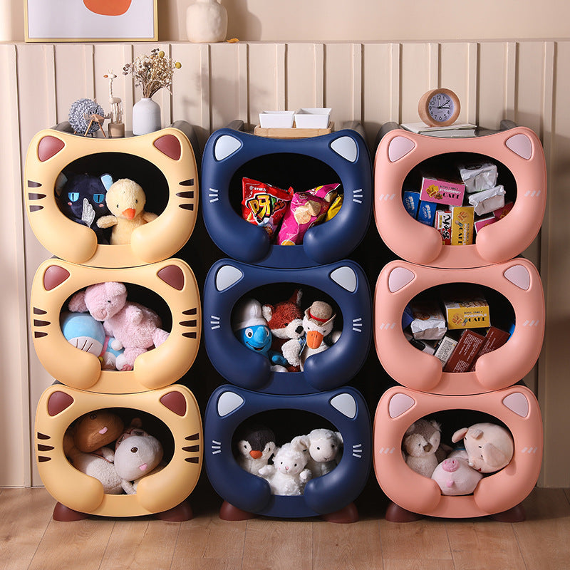 Blue Cute Cat-Themed Stackable Storage Bin - Multi-purpose Pet Bed & Toy Organizer V888-ELOSUNG40039