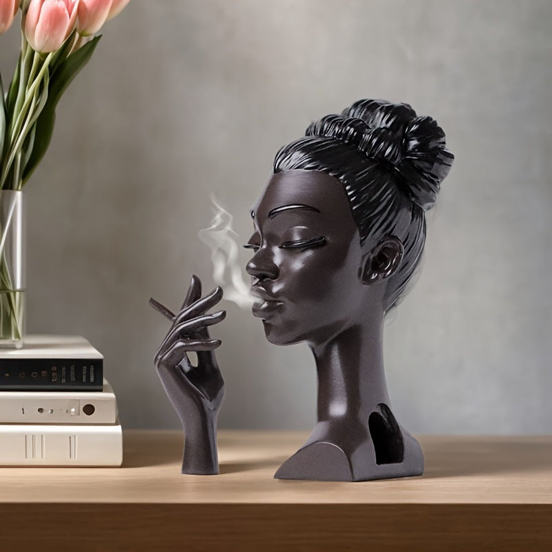 Black Elegant African Woman Head Incense Burner - Creative Desktop Sculpture & Resin Craft V888-ELOSUNG40040