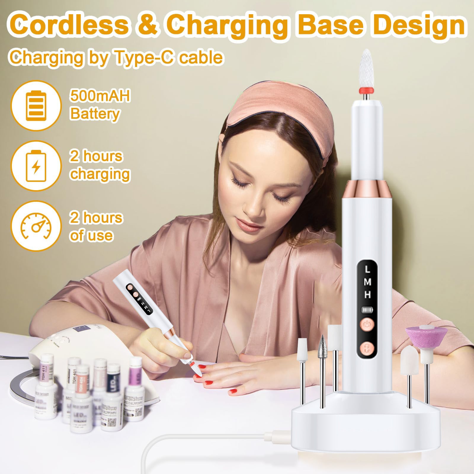 White Cordless Electric Nail Drill Kit - Portable Manicure Pedicure Polisher with 12 Bits V888-ELOSUNG40041