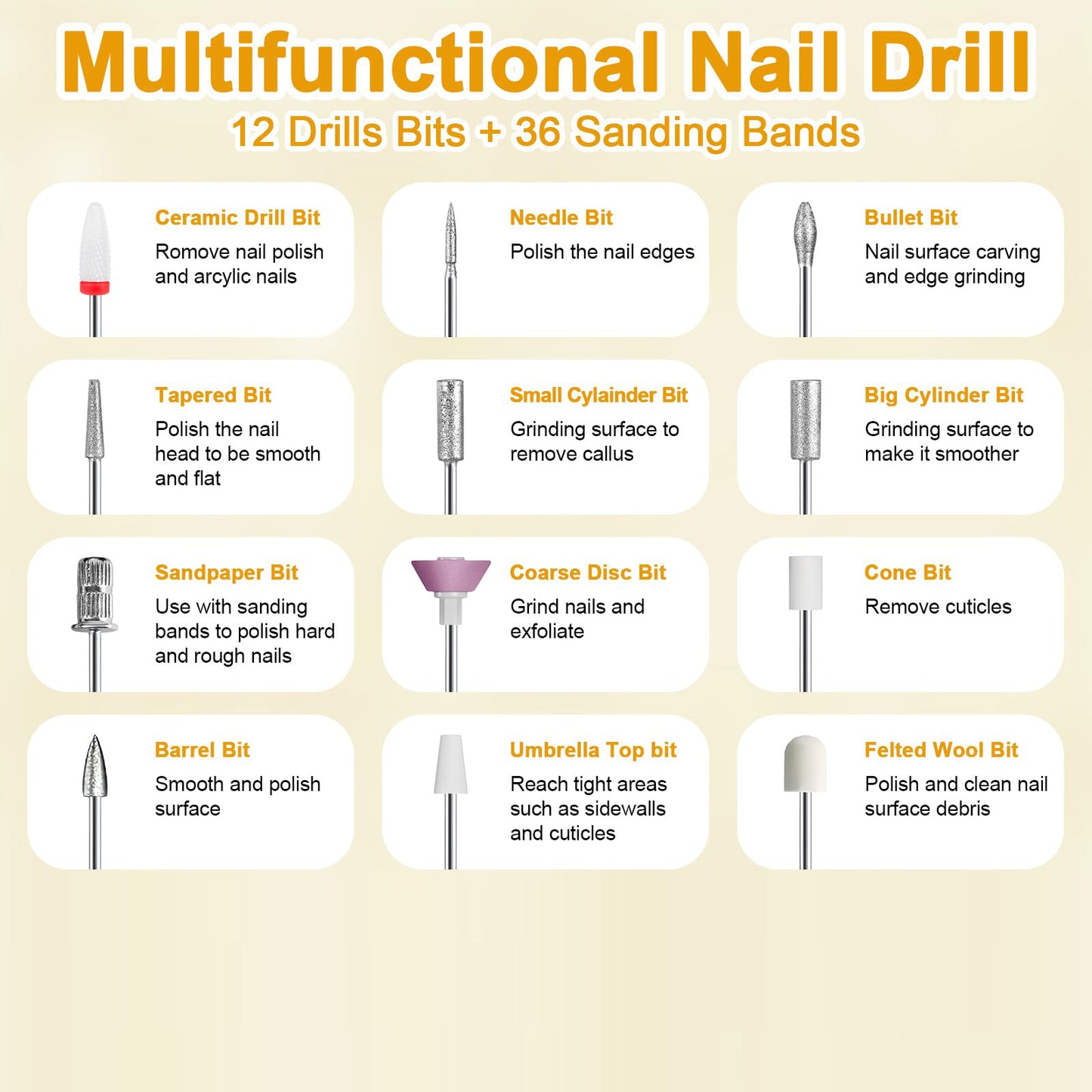 White Cordless Electric Nail Drill Kit - Portable Manicure Pedicure Polisher with 12 Bits V888-ELOSUNG40041