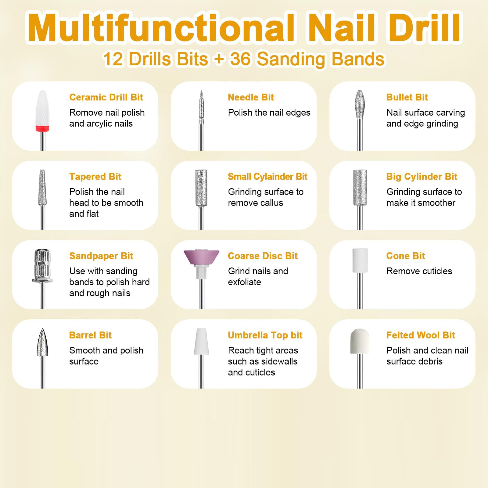 White Cordless Electric Nail Drill Kit - Portable Manicure Pedicure Polisher with 12 Bits V888-ELOSUNG40041