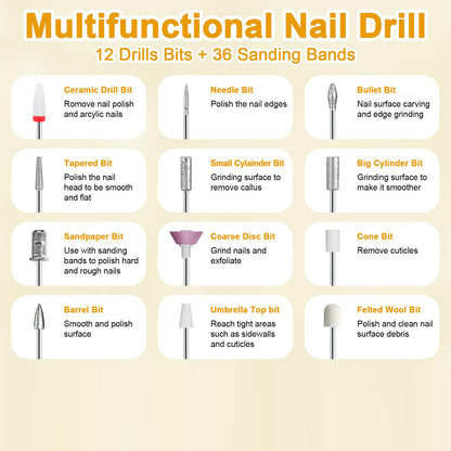 White Cordless Electric Nail Drill Kit - Portable Manicure Pedicure Polisher with 12 Bits V888-ELOSUNG40041