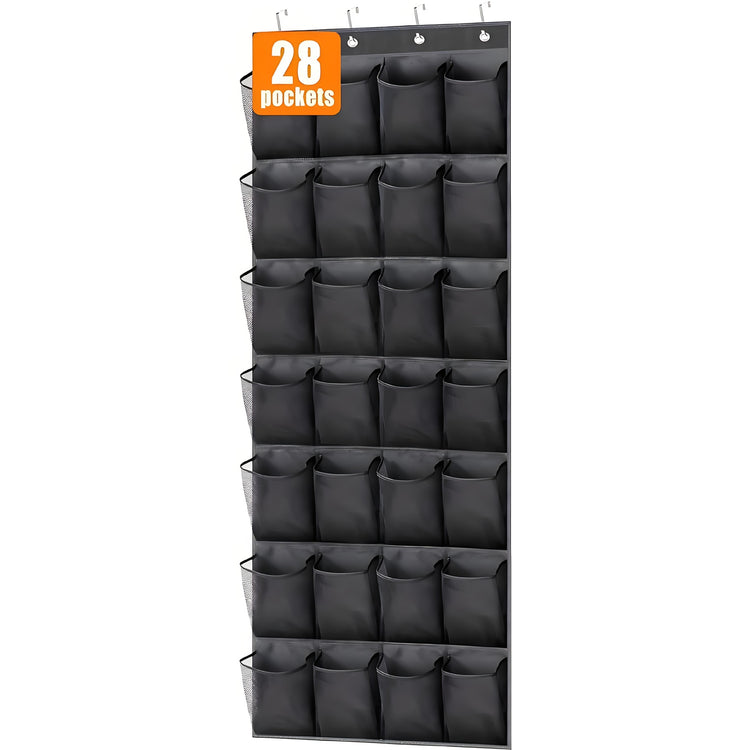Black 28-Pocket Over-the-Door Shoe Organizer with Breathable Mesh - Wall Hanging Storage Bag for Shoes, V888-ELOSUNG40101