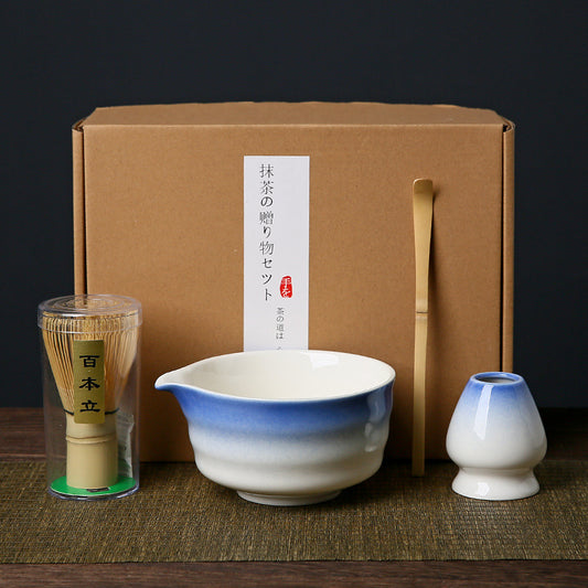 Blue and white Complete Matcha Tea Ceremony Set - 4-Piece Japanese Traditional Whisk, Bowl, Whisk Holder & V888-ELOSUNG40106