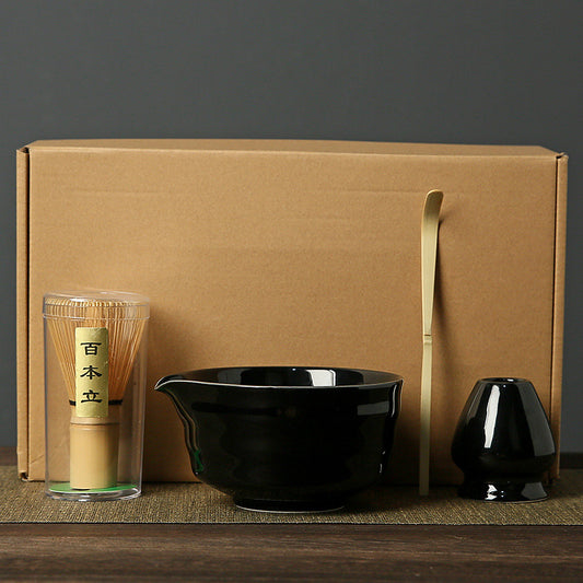 Black Complete Matcha Tea Ceremony Set - 4-Piece Japanese Traditional Whisk, Bowl, Whisk Holder & Scoop for V888-ELOSUNG40109