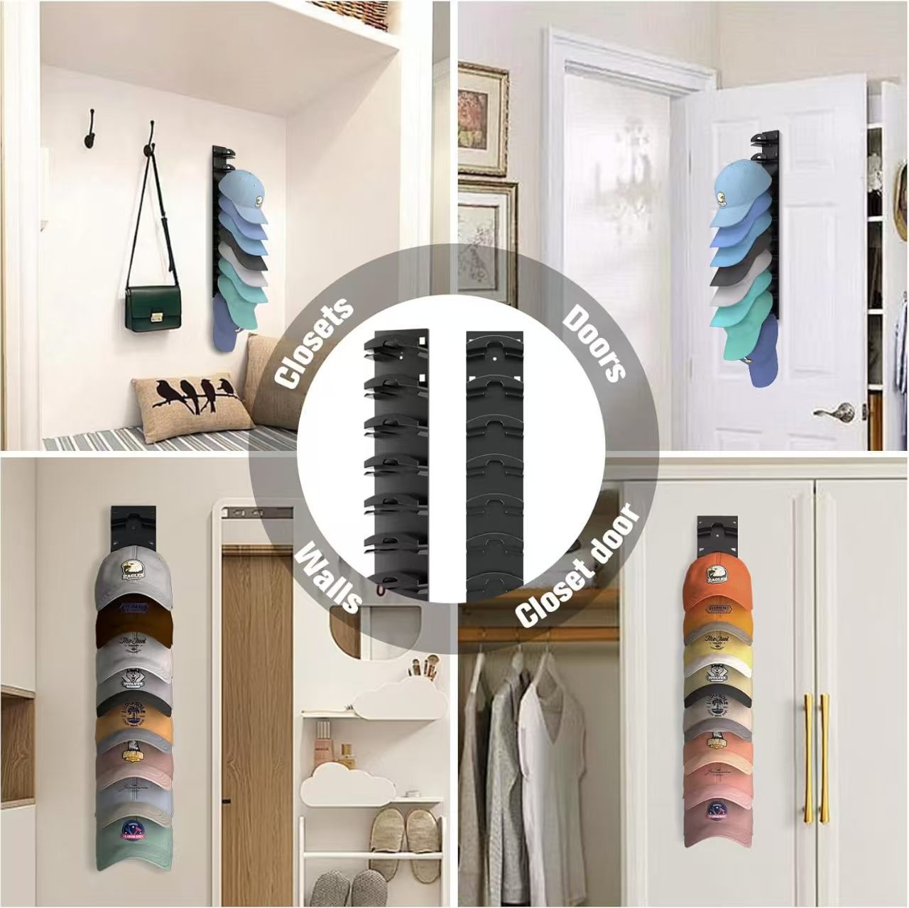 Black Hat Organizer for Baseball Caps - Multi-Layer Wall Mounted Cap Rack for Space-Saving Storage V888-ELOSUNG40126