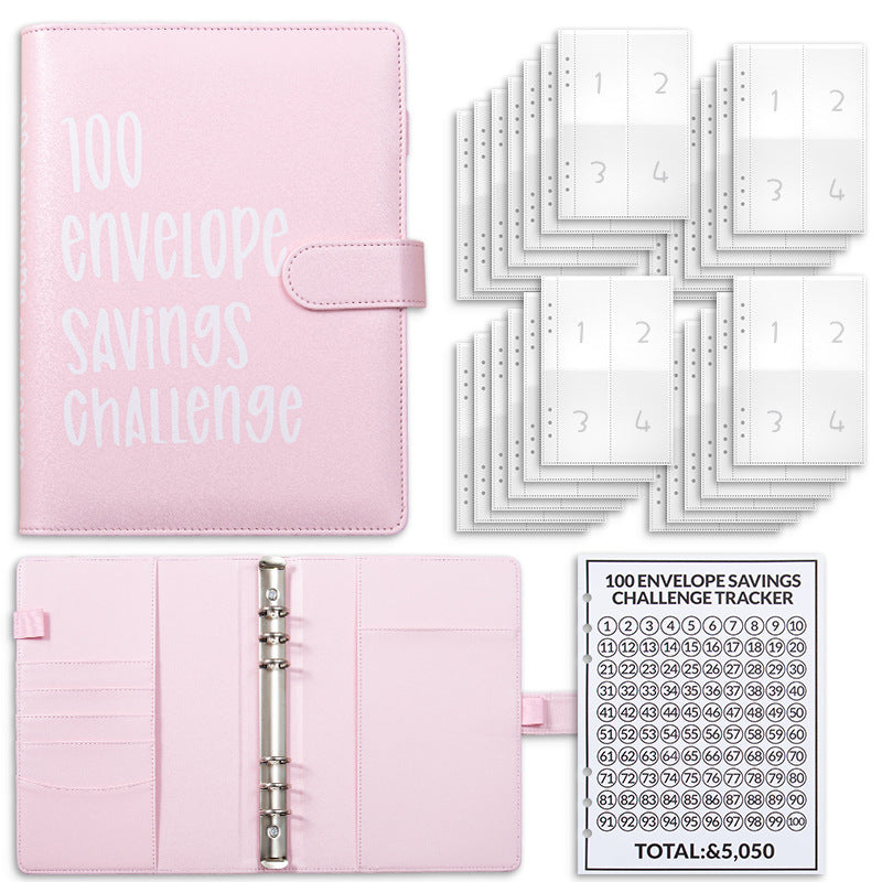 Pink 100 Envelope Savings Challenge Binder - A5 Budget Planner & Money Organizer with Zipper Pockets - V888-ELOSUNG40145
