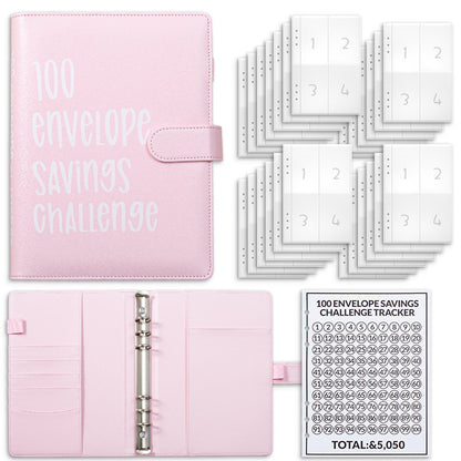 Pink 100 Envelope Savings Challenge Binder - A5 Budget Planner & Money Organizer with Zipper Pockets - V888-ELOSUNG40145