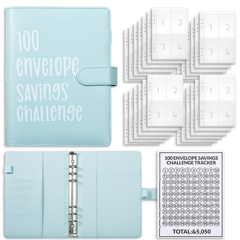 Blue 100 Envelope Savings Challenge Binder - A5 Budget Planner & Money Organizer with Zipper Pockets - V888-ELOSUNG40147