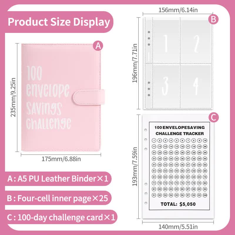 Blue 100 Envelope Savings Challenge Binder - A5 Budget Planner & Money Organizer with Zipper Pockets - V888-ELOSUNG40147