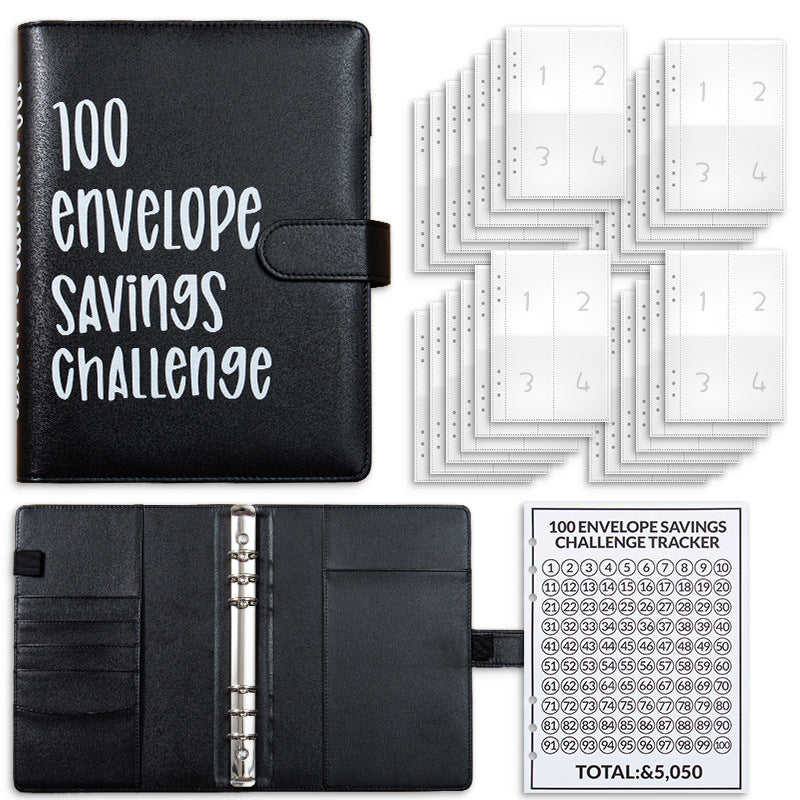 Black 100 Envelope Savings Challenge Binder - A5 Budget Planner & Money Organizer with Zipper Pockets - V888-ELOSUNG40148